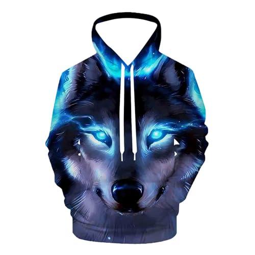 QiErDesign Lce Blue Wolf Hoodies for Men Women 3D Print Graphic Fleece Sweatshirts Pullover Novelty Hoody Hooded With Pockets