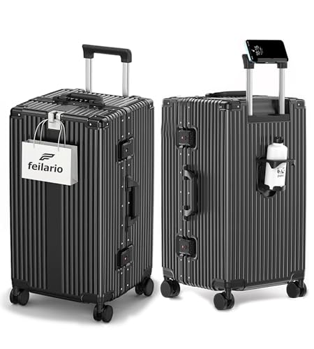 feilario 29in Aluminum Frame Hardside Spinner Wheels Luggage, Removable Wheels Luggage Zipperless Checked Super Large Captain Suitcase with Cup Holder/Phone Holder