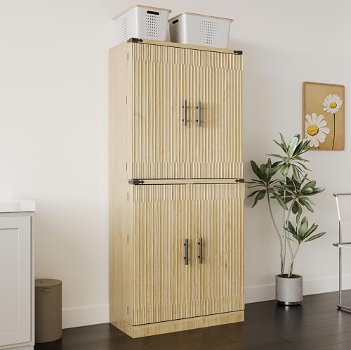 Modern 71" Tall Flute Pantry Cabinet with Adjustable Shelves & 12Door Organizers, Double Flute Carve Design, Wood Storage Cabinet for Kitchen, Living Room, Dining Room (Natural Oak)