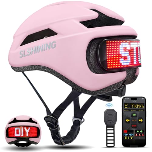 Smart Bike Helmet with LED Display, Remote/APP Control, USB Rechargeable, Turn Signals, Speedometer, Waterproof, Personalized Lighting & Customizable Features for Men & Women Cyclists (Pink)