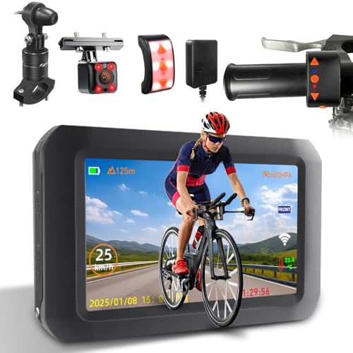VSYSTO Bicycle Camera, Selfie Mode, WiFi GPS Colorful Taillight HD 1080P Front and Rear View Camera 4 Inch Screen Bike Dash Cam, Assisted Driving Mode, Temperature Display, G-Sensor, Wired Controller