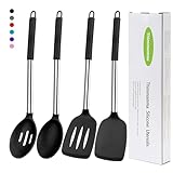 Silicone Spatula Spoon Set, 4 PCS Silicone Cooking Utensils Spatula Spoon Set with Stainless Steel Handle, BPA Free Kitchen Turners for Frying, Mixing, Serving, Draining, Turning, Stirring, Black