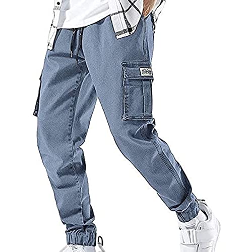 XYXIONGMAO Streetwear Hip Hop Cargo Joggers Pants for Men Denim Overalls Sports Harness Feet Harlan Casual Trousers (Blue, M)