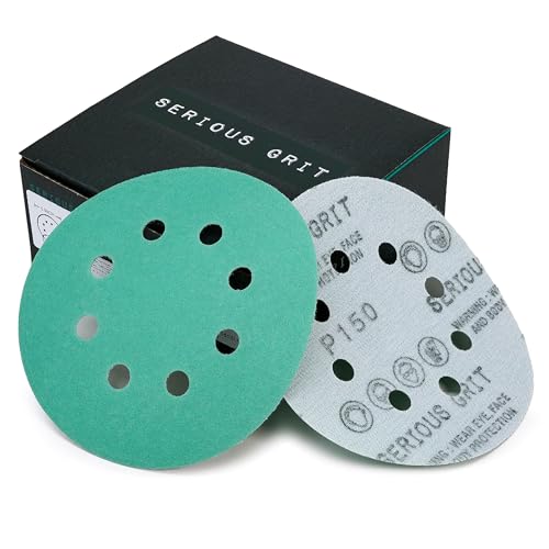 Serious Grit Sanding Discs 5 Inch 8 Hole 150 Grit - Heavy-Duty Hook & Loop Wet Dry Film Sandpaper Discs - Very Fine Sand Paper for Random Orbital Sanders - Wood, Automotive, Metal, etc - 50 Pack Box