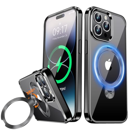 WHWEIYA [CD Metal Ring & Invisible 360° Spin Stand] Magnetic Case for iPhone 14 Pro Max [Electroplated Shockproof Bumper ] [Compatible with Mag Safe] Cover with Stand for Women Men Slim Clear - Black