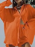 Fixmatti Matching Short Sets for Women Long Sleeve Button Down Shirt and Short Pant Summer Tracksuit Orange L