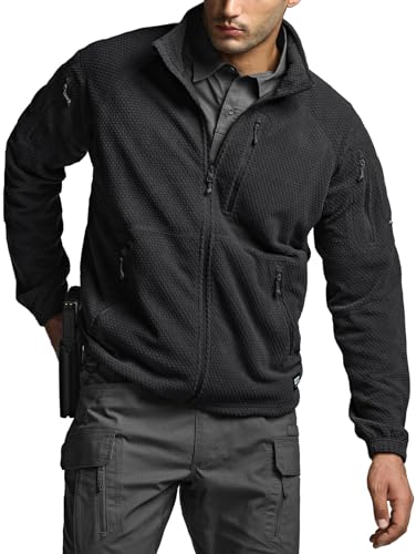 CQR Men's Full-Zip Tactical Jacket, Soft Warm Military Winter Fleece Jackets, Outdoor Coats with Zipper Pockets, Grid Flex Black, Large
