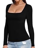 MANGOPOP Womens Long Sleeve Square Neck T Shirts Tops Fitted Tees(Black, Medium)