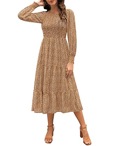 Zattcas Womens Fall Dresses 2025 Casual Long Sleeve Flowy Boho Floral Midi Dress Smocked Tiered Modest Church Work Winter Maternity Dress Coffee S
