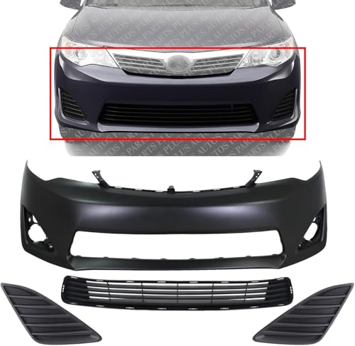 AUTOS PARTS PLUS Front Bumper Cover Primed + Lower Grille + Fog Light Cover Set Textured Right Passenger & Left Driver Side Direct Replacement Compatible With 2012-2014 Toyota Camry TO1036128