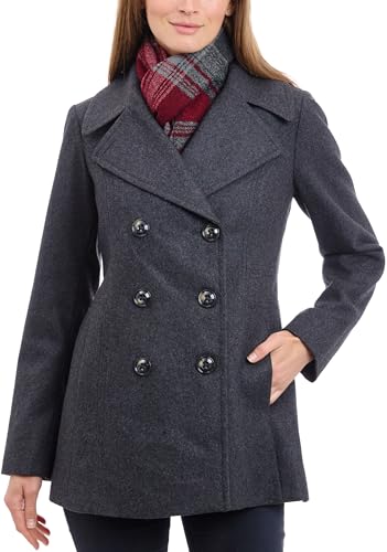 London Fog Women's Double Breasted Peacoat with Scarf, Charcoal, S