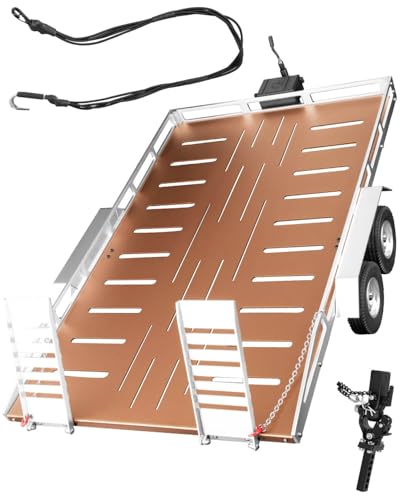 RCMYou Aluminum RC Trailer for 1/10 1/8 RC Crawler TRX4 TRX6 Redcat Scout II Gen8 Tamiya Axial Scx10 II D90 Wraith,RC Heavy Duty Truck and RC Rock Cars Trailer with RC Trailer Hook Coupler,Brown