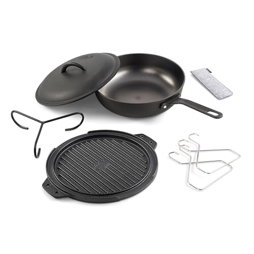 GSI Outdoors Guidecast Outdoor Cookset: 10" Deep Frypan with Dome Lid, Dual-Sided Cast Iron Griddle/Grill, Removable Handles