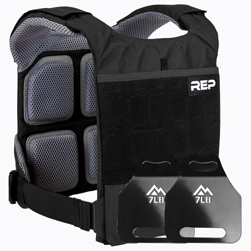 REP Fitness Weighted Workout Vest, (2) 7 lb Removable Wearble Weight Plates, 16.3 lbs Total, Unisex Heavy Duty for Strength Training, CrossFit, Running, Walking, Endurance Prep, Adjustable Straps, Black