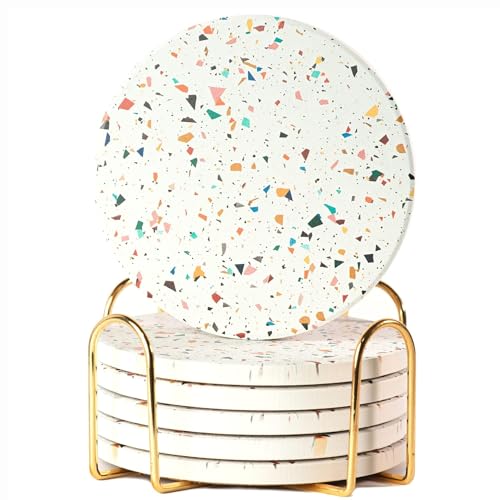 Terrazzo Drink Absorbent Coasters with Holder Set of 6, Ceramic Coaster for Drinks, Coffee Table Decor, Water Absorbing Stone Coaster for Drinks (Confetti)