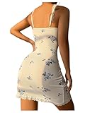 SHENHE Women's Ribbed Deep V Neck Floral Print Lace Trim Sexy Nightgown Chemise Slip Dress White M