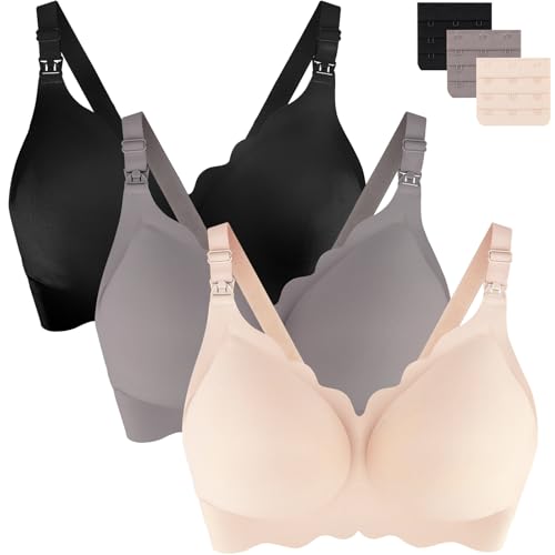 UHdod Supportive Nursing Bras for Breastfeeding with Extender, 3 Packs Seamless Wireless Maternity Bra for Pregnancy, Breastfeeding Bras for Women, Maternity Pregnancy Bras for Women L