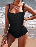 Ekouaer Retro Vintage One Piece Pin Up Bikini Monokinis Swimsuit Black Large