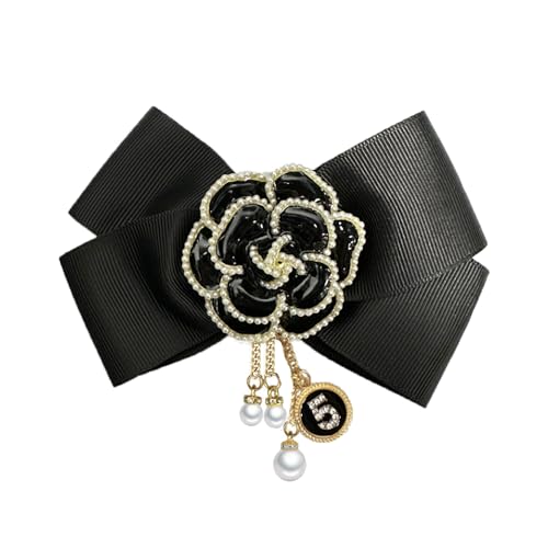 Camellia Flower Pre-Tied Big Bow Tassel Brooch Pin for Women Girls CZ Faux Pearl Lucky Number Five Chain Dangle Charm Fabric Pins Clip Lapel Bouquet Corsage Brooches Elegant Jewelry for Dress Suit (Black)