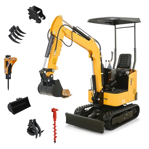 CREWORKS Mini Excavator Machine, 1 Ton Mini Digger Trenching Machine with Bucket Hammer Rake Auger Attachments, Crawler Excavator with 13.5 hp EPA Engine for Construction Works, Garden, Farms, Roads