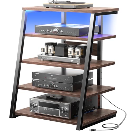 armocity 5-Tier AV Media Stand with Power Strips, Media Console with LED Lights, Audio Tower Rack with Adjustable Shelves, Stereo Stands and Racks, 40.8'', Black Walnut