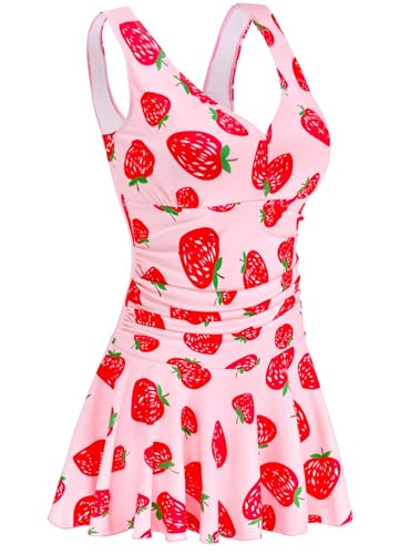 AONTUS One Piece Swim Dresses Mastectomy Swimsuits Plus Size Extra Large Women Bathing Suits Strawberry XL