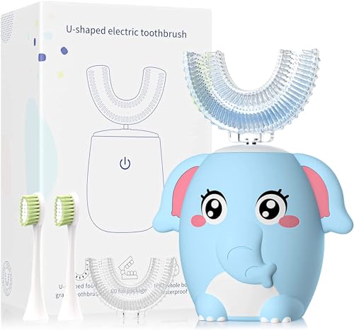 ELOTAME Kids Electric U Shaped Toothbrush Children Rechargeable Sonic Toothbrush with 4 Brush Heads Full Mouth 6 Cleaning Modes - (Age 8-15 Blue)