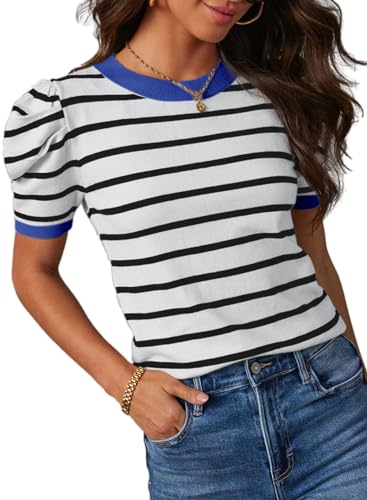 Dokotoo Summer Tops for Women Causal Lightweight Knitted Blouses Short Puff Sleeve Causal Striped Tops Crewneck Cute Blue Stripe Loose Shirts Medium