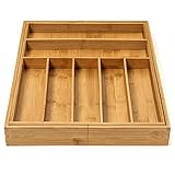 Purawood Bamboo Drawer Organizer - Expandable Silverware Organizer & Utensil Drawer Organizer, Cutlery Tray with Dividers, 7-9 Slots- Premium Kitchen Drawer Organizer for Utensils & Flatware (Natural)