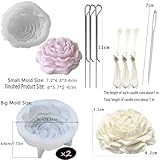 Large&Small Peony Flower Silicone Soap Molds 3PCS Peony Silicone Candle Mold with Large-Eye Wicking Needle,Candlewick for Chocolate Cake Candy Moulds Epoxy Resin Plaster Clay