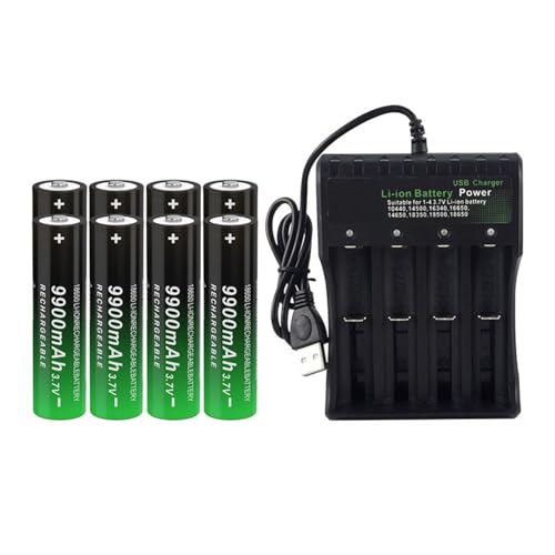 CWUU 3.7V 18650 Rechargeable Battery 9900mAh Universal Smart Charger for 26650 14500 16340 14250 (Button Top, 8 Pack+4 Bay Battery Charger)