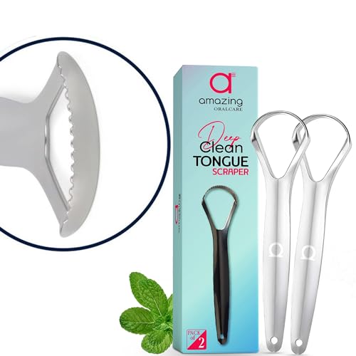 Deep Clean Tongue Scraper- Double-Ended - Flat + Serrated Edge Design, (2pk) Stainless Steel, by Amazing Oralcare