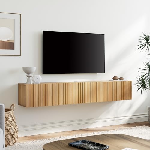 WAMPAT Floating TV Stand, Wall Mounted Shelf, Modern Floating Entertainment Center with 3 Fluted Flip-Down Doors, 70" Large Storage Media Console Wall Unit for Living Room,Bedroom, Oak