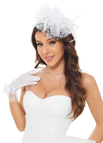 Fascinators Clip Hat Wedding Cocktail Tea Party Headwear and Short Lace Bowknot Gloves for Women (102 White)