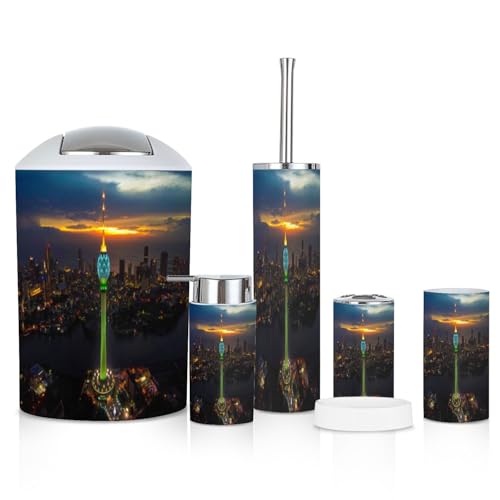 6 Piece Bathroom Accessories Set Lotus Tower Colombo Sri Lanka Trash can Toilet Brush Holder Toothbrush Holder Toothbrush Cup Soap Dispenser Soap Dish Boho Decor