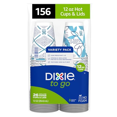 Dixie To Go Paper Coffee Cups With Lids, 12 oz, 156 ct, Disposable Insulated Paper Cups for On-The-Go Hot or Cold Beverages