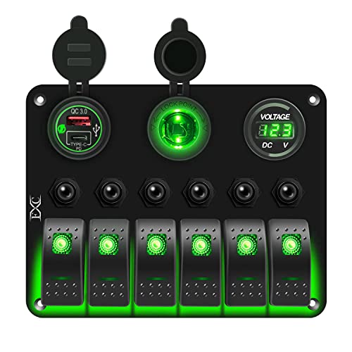 FXC Waterproof Marine Boat Rocker Switch Panel 6 Gang with QC3.0 USB & Type-C Slot Socket + Cigarette Lighter +LED Voltmeter with Overload Protection for Car Rv Vehicles Truck (6 Gang Green LED)