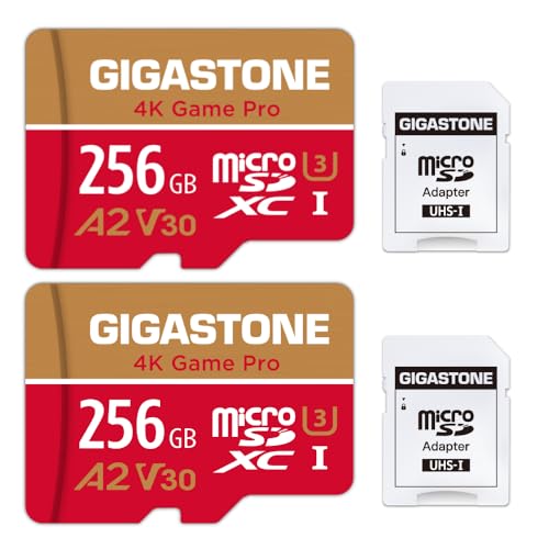 [5-Yrs Free Data Recovery] GIGASTONE 256GB 2-Pack Micro SD Card, 4K Game Pro, A2 V30 MicroSDXC Memory Card for Nintendo-Switch 1, 4K UHD Video, Up to 100/60 MB/s, UHS-I U3 C10 with Adapter