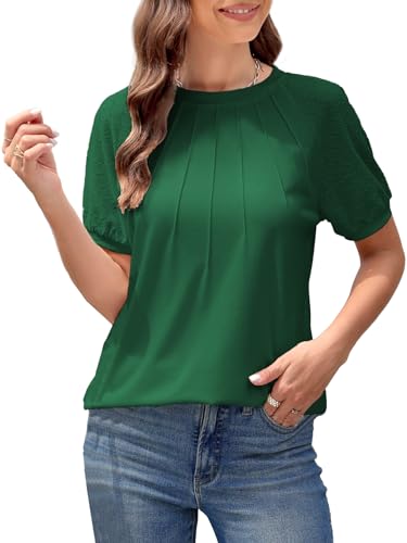 ZANZEA Womens Summer Tops Puff Blouses for Women Dressy Casual Crew Neck Short Sleeve Shirts for Women Pleated Tunic Loose T-Shirts Green Small