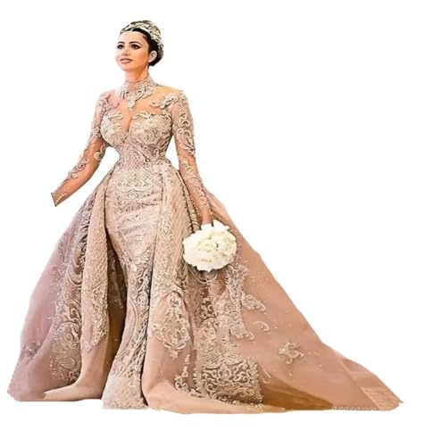 Trumpet African Arabic high Neck lace Mermaid Women Bridal Ball Gown with Train Wedding Dress for Bride Long Sleeve Ivory