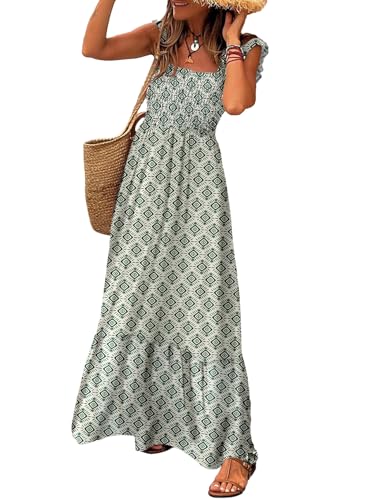 LOLONG Womens Maxi Dress Summer Boho Spaghetti Strap Square Neck Ruffle Sleeveless Print Beach Flowy Casual Sun Dress Trendy