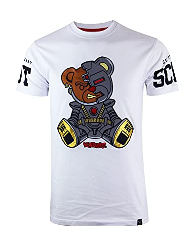 SCREENSHOT-S1156 Mens Hip-Hop Premium Fashion Tee - Cyborg Cartoon Teddy Bear Patch Embroidery Chain Stitch Gel Print T-Shirt-White-2Xlarge