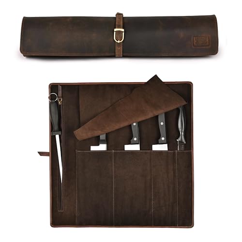LEATHER VILLAGE Genuine Leather Knife Roll Bag – Professional Chef Carrying Case, Durable Sheath Holder, Cooks & Culinary Tools Organizer, Portable Travel Storage with 4 Slots & Zipper - Rustic Brown
