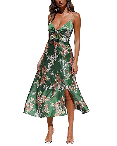 Fashionme Women Spaghetti Strap Midi Satin Dresses Tie Front Backless Split Summer Casual Floral Dress Hollow Flowy Slip Dress Sundresses Wedding Guest Beach Cocktail Graduation
