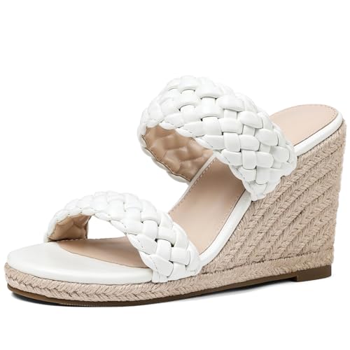 mikarka Slip On Wedge Sandals for Women: Open Toe Comfortable Espadrilles Wedges - Braided Straps Dressy High Heel Summer Beach Sandals Resort Platform Slides Mules, White Size 10