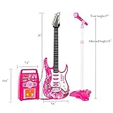 Willbebest Kids Karaoke Microphone Guitar Musical Set Kids Electric Guitar Microphone Amplifier Set Karaoke Machine Musical Instruments Toy Electric Guitar with Microphone for Boys and Girls (Pink)