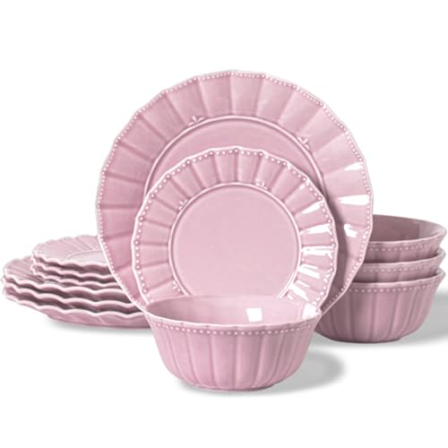 HOMBENE Plates and Bowls Sets for 4, 12 Piece Dinnerware Sets, Porcelain Plate Set, Microwave and Dishwasher Safe, Wedding kitchen & dining, Dreamy Sakura Pink
