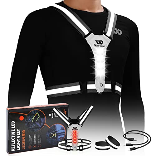 West Biking Running Vest Light - Led Running Reflective Gear for Walking at Night, High Visibility Night Rechargeable Light Up Running Vest, Adjustable Running Lights for Runners (Black)