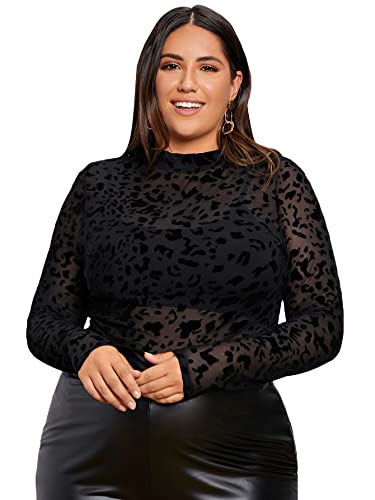 Floerns Women's Plus Size Leopard Print Mock Neck Mesh Long Sleeve Tee Shirt Top Black 3XL