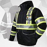 JKSafety 10 Pockets Hi-Vis Waterproof 3M Reflective Winter Bomber Jacket | Black Color | Secured Tablet Pocket | Detachable Hood and Retractable ID Pocket | ANSI Compliant (118-Black, X-Large)